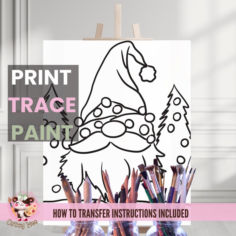 May include: Black and white line art printable of a gnome wearing a hat with a pom pom and a Christmas tree. The text "PRINT TRACE PAINT" is in the upper left corner of the image. The text "HOW TO TRANSFER INSTRUCTIONS INCLUDED" is in the lower right corner of the image.
