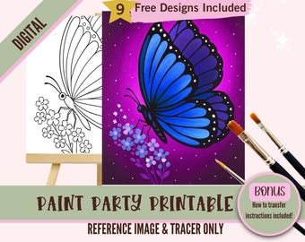 Summer Butterfly Sip and Paint Downloadable Stencil Art, DIY Acrylic Painting Party Image Transfers, Paint Night Canvas PNG Digital Download