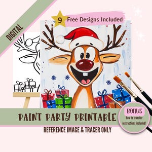 Kit per feste con renne stravaganti, sorseggia e dipingi su tela, modello pre-disegnato di Natale per feste artistiche fai da te, stencil stampabile, contorno PNG per la serata di pittura