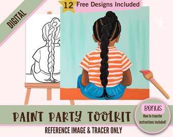 Black Girl With Braids Art Painting Party PNG, DIY Pre-Drawn Canvas Stencil Kit, Perfect for Black Girl Coloring and Paint and Sip Parties