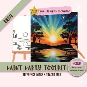 Fiesta de pintura de paisaje al atardecer imprimible, trazador PNG de sublimación, arte de bricolaje, plantilla de lienzo predibujada, perfecto para fiestas de pintura y sorbos