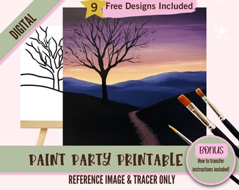 Kit de fiesta de pintura y sorbos de paisajes, plantilla prediseñada para fiestas de arte de bricolaje, plantilla imprimible, contorno PNG de noche de pintura, digital