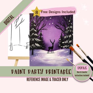 Silueta de ciervo de invierno para fiesta de pintura imprimible, trazador de líneas / Cielo nocturno en un bosque nevado / Página para colorear de decoración de cabaña rústica para fiestas de pintura y bebida
