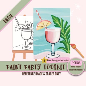 Kit di pittura per bicchieri da cocktail per adulti, spiaggia estiva - Oceano tropicale Boho Paint Party stampabile, tracciante su tela pre-disegnato per sorseggiare e dipingere