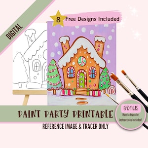 Peut inclure: Une impression numérique pour une fête de peinture avec un motif de maison en pain d'épices, une canne en bonbon et un sapin de Noël. L'image comprend le texte "8 Free Designs Included" et "Paint Party Printable". Des pinceaux sont également inclus.