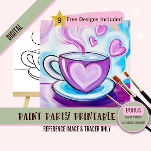 Kit de pintura y sorbos para amantes del café, plantilla prediseñada para fiestas de arte DIY, plantilla imprimible, contorno PNG de noche de pintura