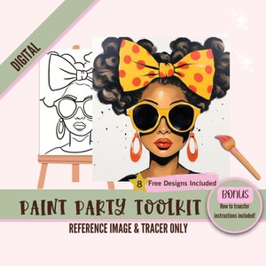 Schwarzes Mädchen Sublimationsdesign, Afro Queen Paint Party Kit, PNG Digital DIY Pre-Drawn Canvas Schablone, Perfekt für Paint und Sip Partys