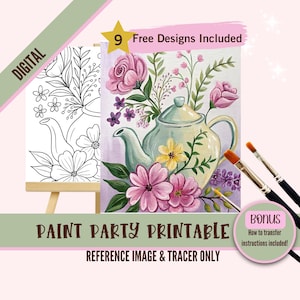 May include: Digital printable paint party design featuring a teapot with flowers. Includes a reference image and a tracer for easy painting. 9 free designs included.