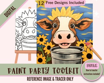 Highland Cow Painting Party Printable, PNG Digital Download DIY Art, Pre-Drawn Canvas Stencil, Perfect for Paint and Sip Parties, Sunflowers
