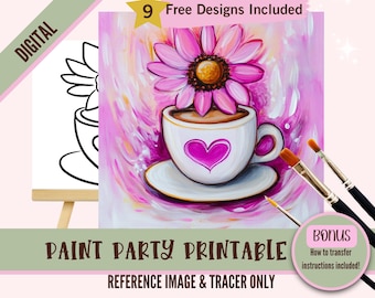 Latte Sip and Paint Party Kit Canvas, Pre drawn Template for DIY Art Parties, Printable Stencil, Paint Night Png Outline, Digital Download