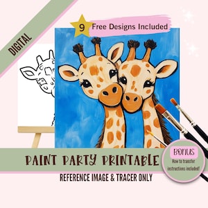 Kit de lienzo para fiesta de pintura y sorbos de jirafa, plantilla prediseñada para fiestas de arte de bricolaje, plantilla imprimible, contorno PNG de noche de pintura, descarga digital