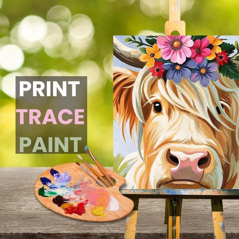 May include: A paint-by-numbers kit featuring a Highland cow with a flower crown. The kit includes a canvas, paintbrushes, and paint pots. The image shows the canvas on an easel with a paint palette and brushes.