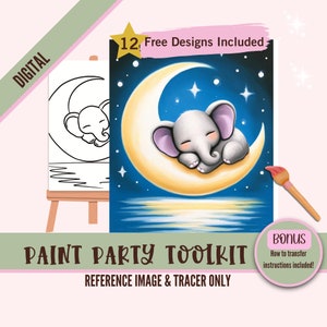 Elefante vivero pintura fiesta imprimible PNG Tracer, arte DIY, plantilla de lienzo predibujada, perfecto para pintura de baby shower y fiestas de sorbos