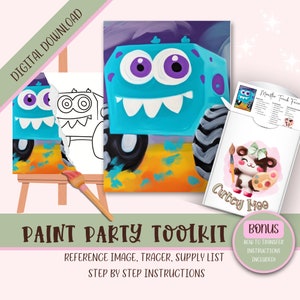 Cumpleaños de Monster Truck, Fiesta de pintura imprimible para niños, Pintura y sorbo, Manualidades para niños, Fiesta de cumpleaños de arte para niños, Kit de pintura, Descarga digital