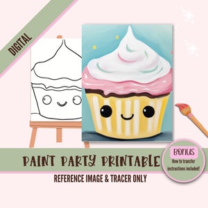 Kawaii Cupcake DIY Sip N Paint Canvas Print Instant Digital Download for Art Parties, Png Party Stencil, Date Night Sip and Paint Printable