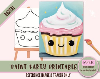 Kawaii Cupcake DIY Sip N Paint Canvas Print Instant Digital Download for Art Parties, Png Party Stencil, Date Night Sip and Paint Printable