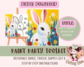 May include: Digital download paint party toolkit featuring a white rabbit in a field of flowers. Includes a reference image, tracer, supply list, and step-by-step instructions. Bonus: How to transfer instructions included.