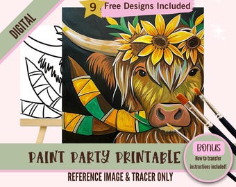 Fall Highland Cow Sip and Paint Party Kit Canvas, Autumn Sunflower Pre drawn Template for DIY Art Parties, Printable Stencil, Paint Night