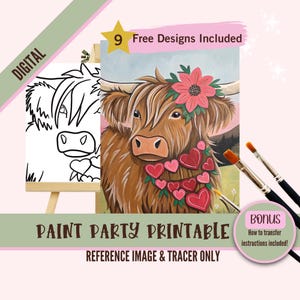 Valentine&#39;s Day Sip and Paint Party Kit Canvas, Highland Cow Pre drawn Template for DIY Art Parties, Printable Stencil, Paint Night Png