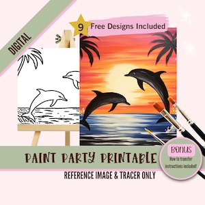 Vorgezeichnete Delphin Sonnenuntergang Szene - Sip and Paint Canvas Kit, Paint Party Toolkit, DIY druckbare Kunst für Kinder & Erwachsene, Fun Craft, Strand Thema