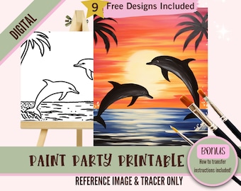 May include: Digital download of a paint party printable featuring a sunset scene with three dolphins jumping out of the water. The printable includes a reference image and a tracer for painting.