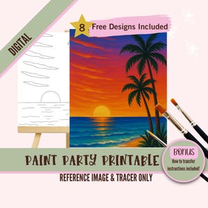 Traceur PNG de peinture de fête de paysage coucher de soleil, kit de pochoirs sur toile pré-dessinés DIY Beach Vibes, parfait pour colorier, peindre et siroter des fêtes