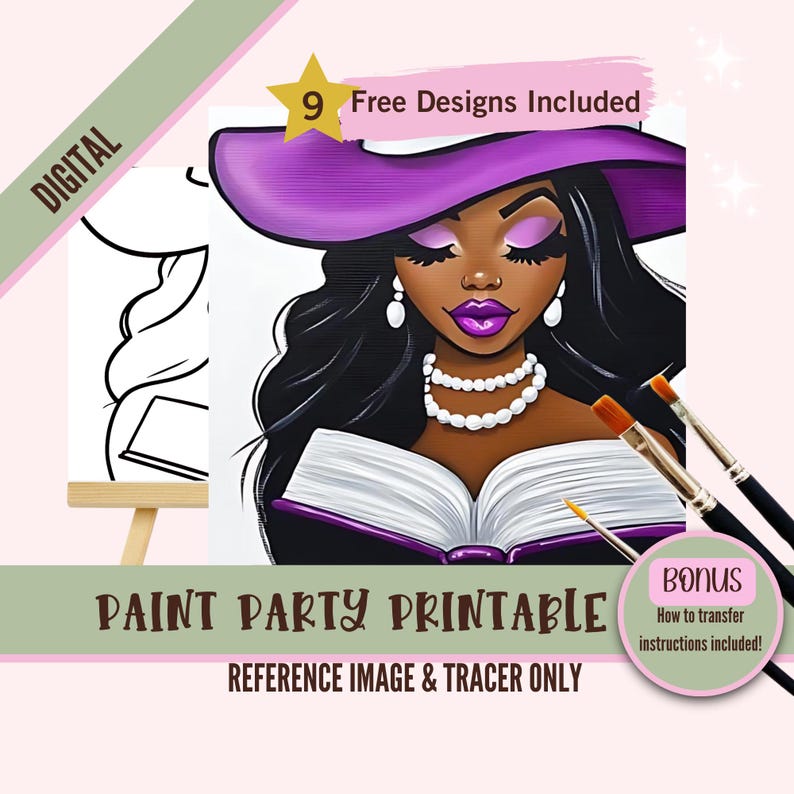Pode incluir: Imagem de refer&ecirc;ncia e tra&ccedil;ador imprim&iacute;vel para uma festa de pintura digital com uma mulher negra com um chap&eacute;u roxo e p&eacute;rolas lendo um livro. 9 designs gratuitos inclu&iacute;dos. B&ocirc;nus: Instru&ccedil;&otilde;es de transfer&ecirc;ncia inclu&iacute;das.
