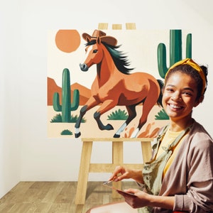 DIY Paint and Sip Kit, western horse design, digital paint party toolkit for adults, includes reference image, tracer, instant download, cowboy art, ideal for creative gatherings.