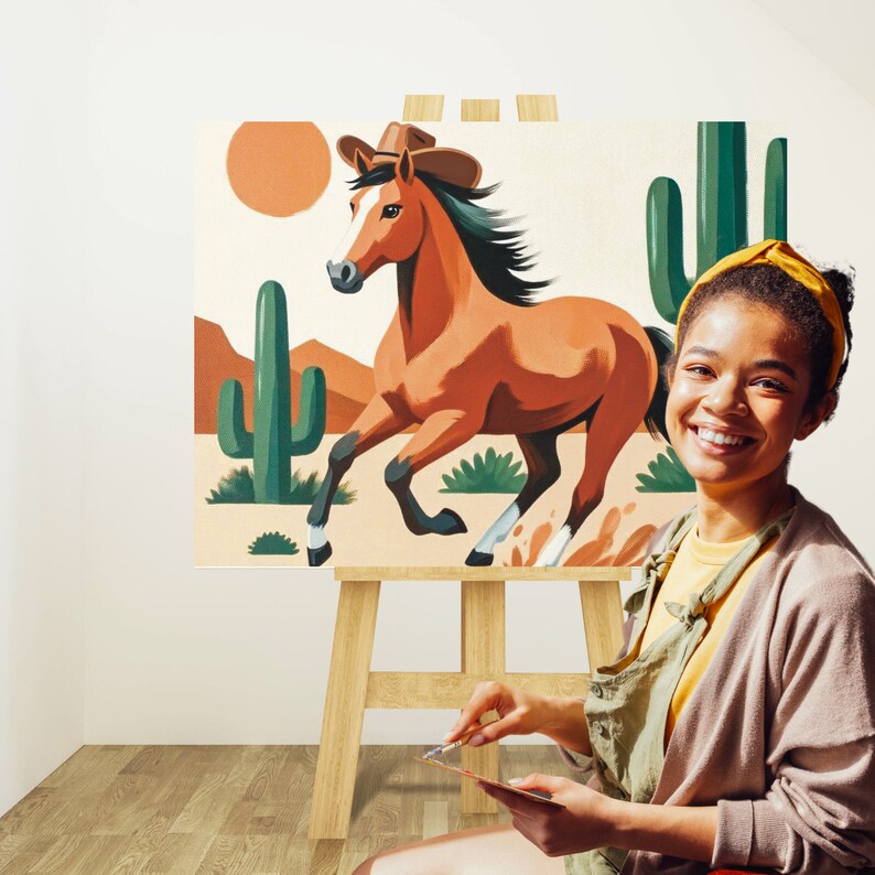 DIY Paint and Sip Kit, western horse design, digital paint party toolkit for adults, includes reference image, tracer, instant download, cowboy art, ideal for creative gatherings.