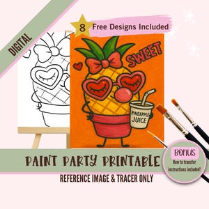 Vibrações de verão PNG para uma festa de pintura artística, kit de estêncil de tela pré-desenhado DIY de abacaxi, perfeito para colorir, pintar e beber festas