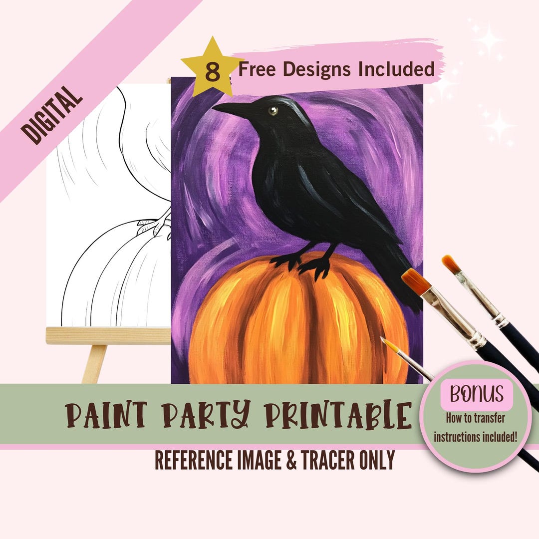 Raven on Pumpkin Paint Party Printable, Halloween DIY Art Kit