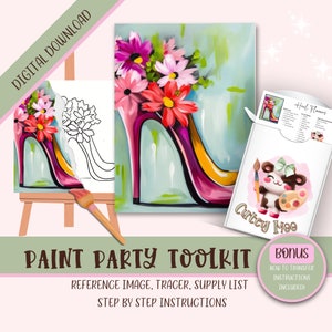 Diy volwassen verf partij afdrukbare afbeeldingen kit, slokje en verf voorgetekende png stencilontwerp downloadinstructies, verf op canvas omtrek,