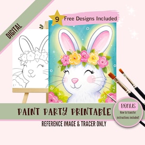 May include: A digital printable paint party design featuring a white bunny wearing a flower crown. The design includes a reference image and a tracer for easy painting.