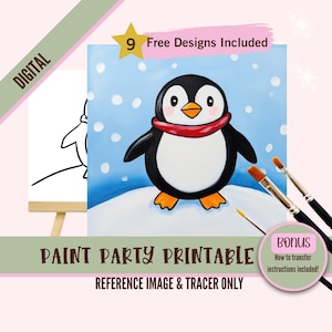 Kit de fiesta de pintura y sorbos de pingüino de invierno, lienzo, plantilla prediseñada para fiestas de arte de bricolaje, plantilla imprimible, contorno PNG de noche de pintura, digital