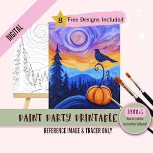 Crow and Pumpkin Paint Party Printable, Halloween DIY Art Kit for Kids, Swirling Sky Fall Painting Template, Autumn Craft Download