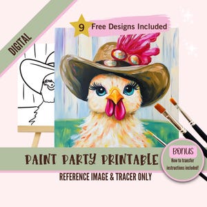 Kit de lienzo para fiesta de pintura y sorbos de Chicken Lady, plantilla prediseñada para fiestas de arte de bricolaje, plantilla imprimible, trazador de animales de granja para la noche de pintura