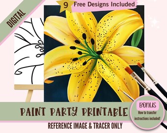 Sip and Paint Party Kit Canvas, Pre drawn Yellow Lily Flower Template for DIY Art Parties, Printable Stencil, Paint Night Png Outline