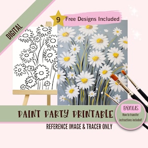 Flores Sip and Paint Party Kit Canvas, Plantilla floral pre dibujada para fiestas de arte diy, plantilla imprimible, pintura noche png contorno, margaritas