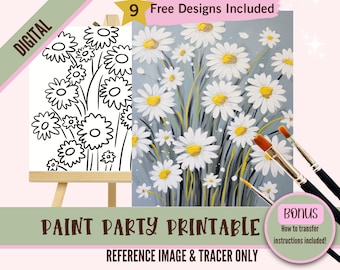 Flowers Sip and Paint Party Kit Canvas, Pre drawn Floral Template for DIY Art Parties, Printable Stencil, Paint Night Png Outline, Daisies
