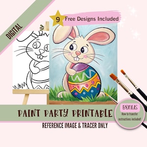 Puede incluir: Impresión digital imprimible de Paint Party con un conejito de dibujos animados sosteniendo un huevo de Pascua decorado. La imagen incluye un contorno en blanco y negro del conejito en un caballete, pinceles y texto.