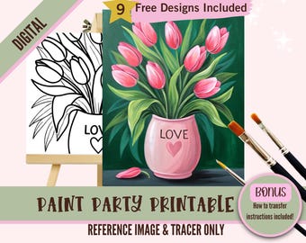 Paint and Sip Canvas Kit - Tulip Flower Paint Party Printable - Fun Art for Beginners - DIY Paint Kit, Paint Night Png Outline, Pink LOVE