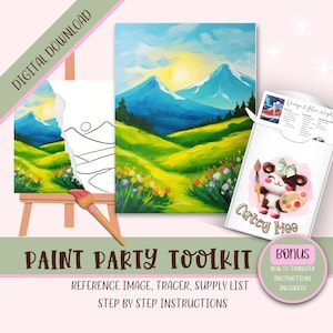Kit de imágenes imprimibles de fiesta de pintura para adultos diy, instrucciones de descarga de diseño de plantilla Png predibujadas para sorber y pintar, esquema de pintura sobre lienzo,