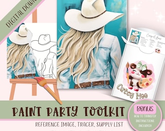 Adult DIY Paint Party Printable, Pre Drawn Outline Canvas, Ladies Night Out Party, Western Cowgirl Birthday Hat & Boots, Paint Party Tracers