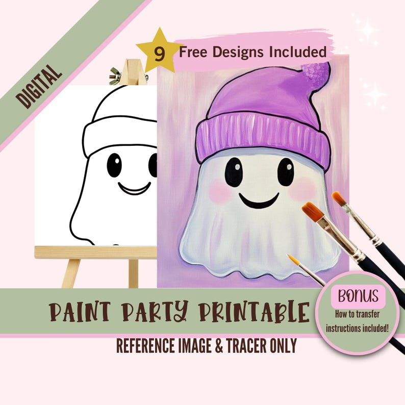 Puede incluir: Descarga digital de un imprimible de fiesta de pintura con un lindo fantasma con un sombrero morado. El imprimible incluye una imagen de referencia y un trazador para facilitar la pintura. Se incluyen 9 dise&ntilde;os gratuitos. Tambi&eacute;n se incluyen instrucciones adicionales sobre c&oacute;mo transferir la imagen.