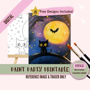 ack Cat Halloween Paint Party Printable, DIY Kids Painting Kit with Full Moon and Bat, Spooky Night Art Template, Instant Fall Download