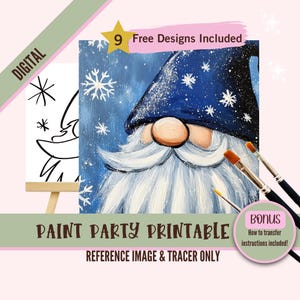 Kit de fiesta de pintura y sorbos de gnomos Let It Snow, plantilla prediseñada para fiestas de arte DIY, plantilla imprimible, contorno PNG de Paint Night