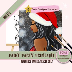 Elegante Frau mit Weihnachtsmütze Tracer Art - Art Kit zum ausdrucken - Festliche Farbe und Schluck DIY Dekor - Urlaub Art Kit, Digital PNG