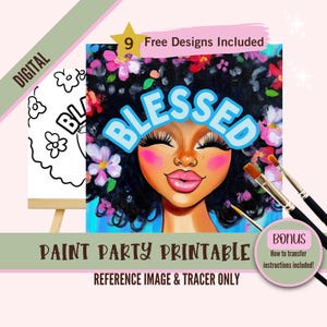Blessed Sip and Paint Party Kit Leinwand, motivierende vorgezeichnete Vorlage für DIY Art Parties, druckbare Schablone, Paint Night Png Umriss
