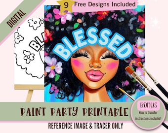 Blessed Sip and Paint Party Kit Canvas, Motivational Pre drawn Template for DIY Art Parties, Printable Stencil, Paint Night Png Outline