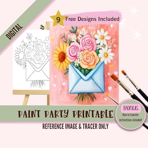 Op de afbeelding: Digitale download van een verfparty-printbaar met een boeket bloemen in een blauwe envelop op een roze achtergrond. De printbare bevat een referentiebeeld en een tracer.